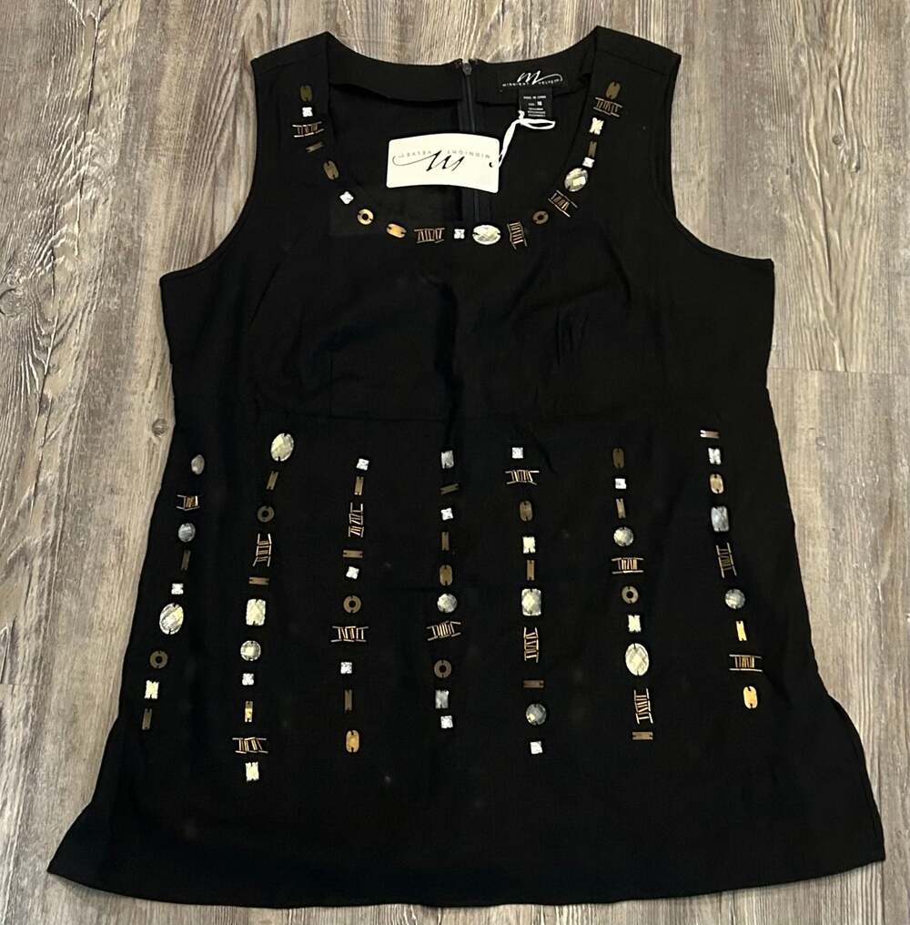 Midnight Velvet Black Sleeveless Embellished Linen-Blend Tank Top Size 16